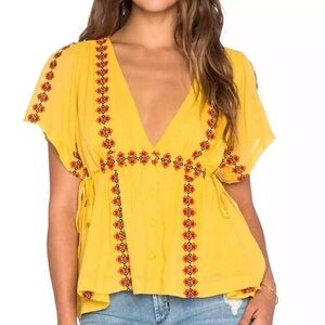 Tularosa Embroidered Floral V Neck Top Medium Yellow